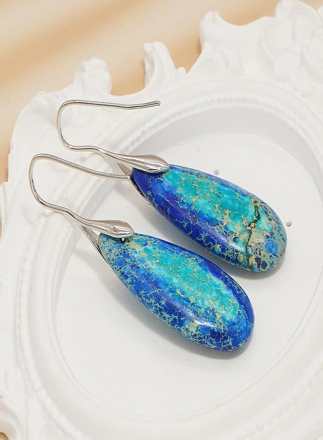 Wovanoo Natural Stone Earrings Waterdrop Stone Dangle Earrings for Women Blue Silver - Image 5